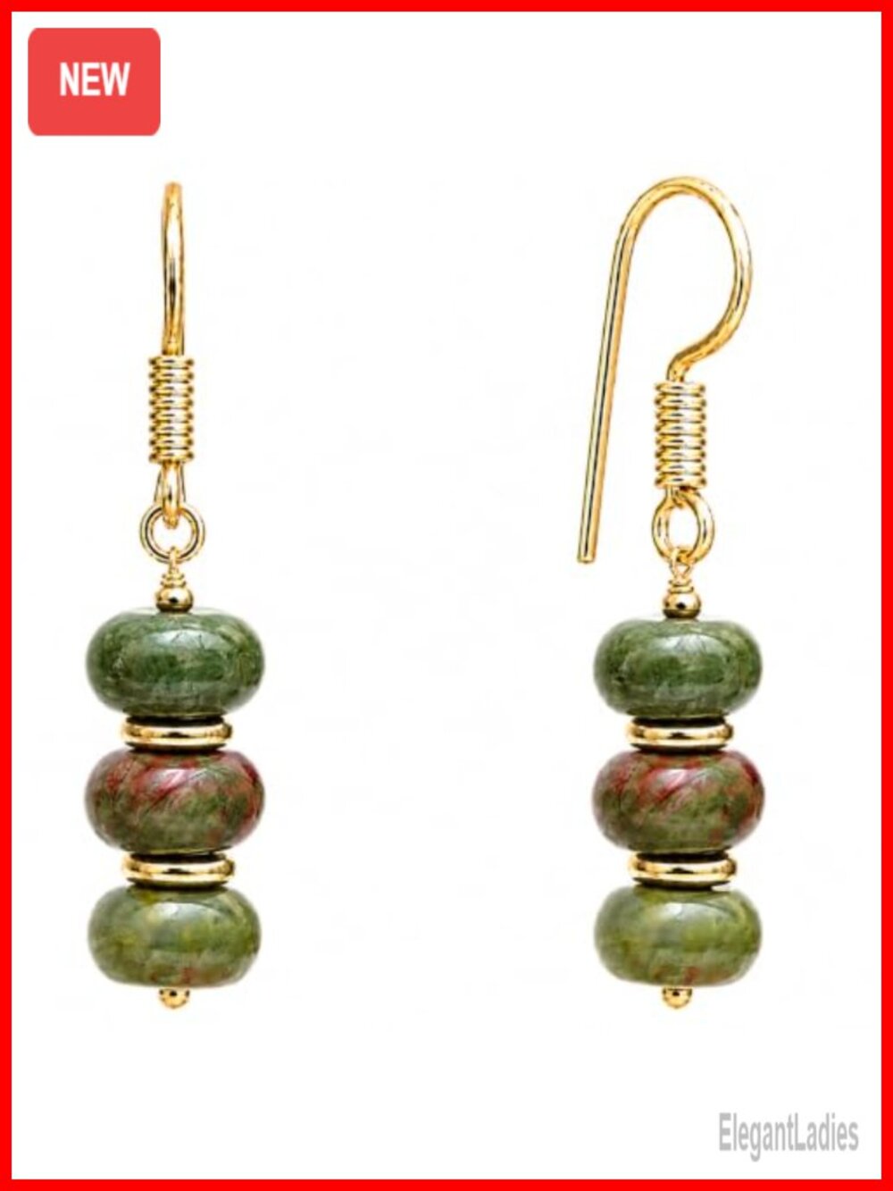 Gold Plated Unakite Dangle Earrings Boho Handmade Gemstone